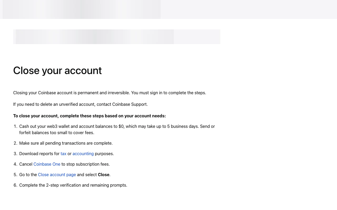 Coinbase Help account closure instructions showing balance clearance, pending transaction checks, report downloads, subscription cancellation and two-step verification.
