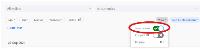 Koinly Transactions filters with the View menu open and Show deleted enabled, circled in red